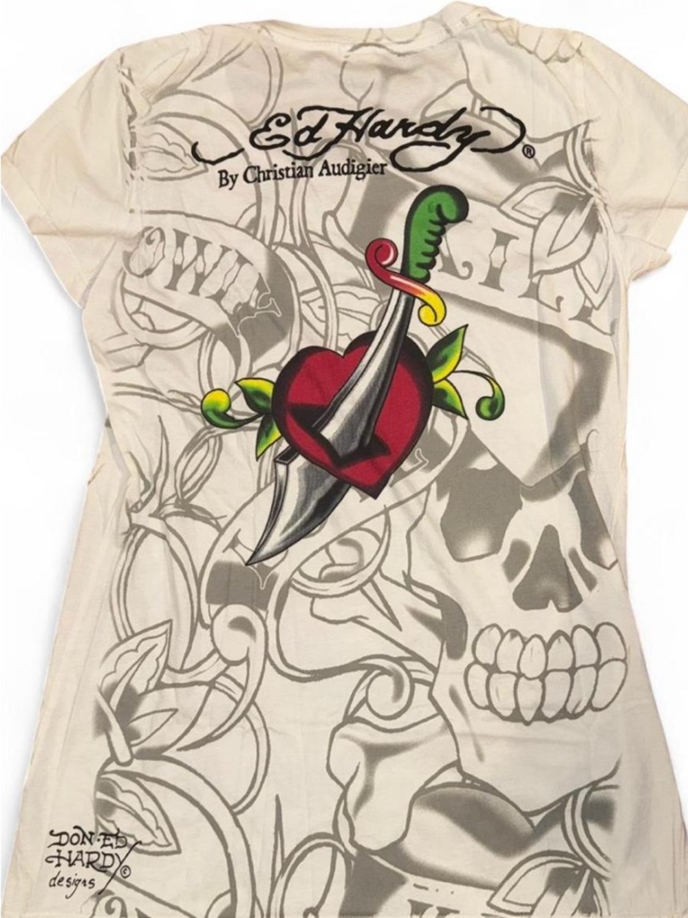 Ed Hardy White Short Sleeve Tee with Multicolor Rhinestone Tiger Crest - Picture 3 of 4